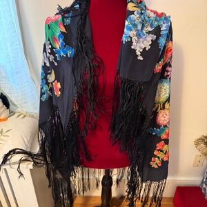 Wms Silk Floral Fringed Shawl Scarf